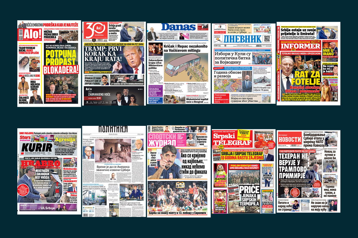 NASLOVNE STRANE SUTRAŠNJIH NOVINA: Prelistavanje štampe za utorak, 24. mart 2026. godine