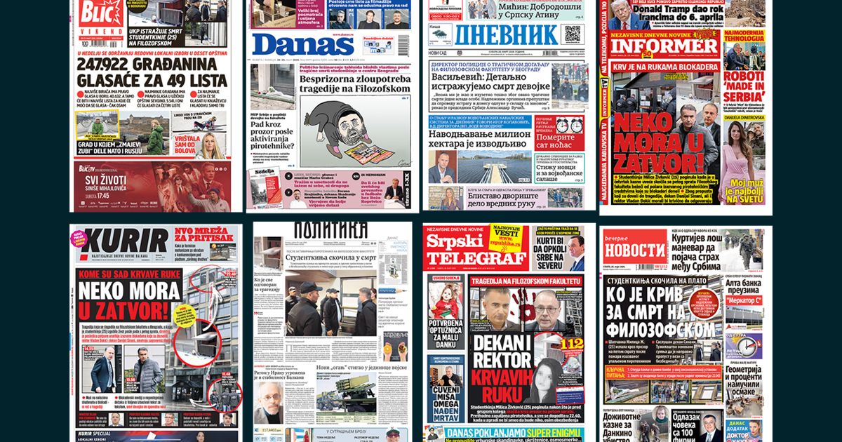 NASLOVNE STRANE SUTRAŠNJIH NOVINA: Prelistavanje štampe za subotu, 28. mart 2026. godine