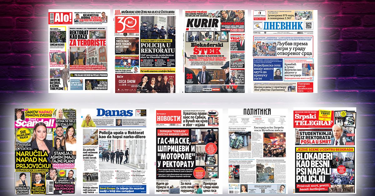 NASLOVNE STRANE SUTRAŠNJIH NOVINA: Prelistavanje štampe za SREDU, 1. april 2026. godine