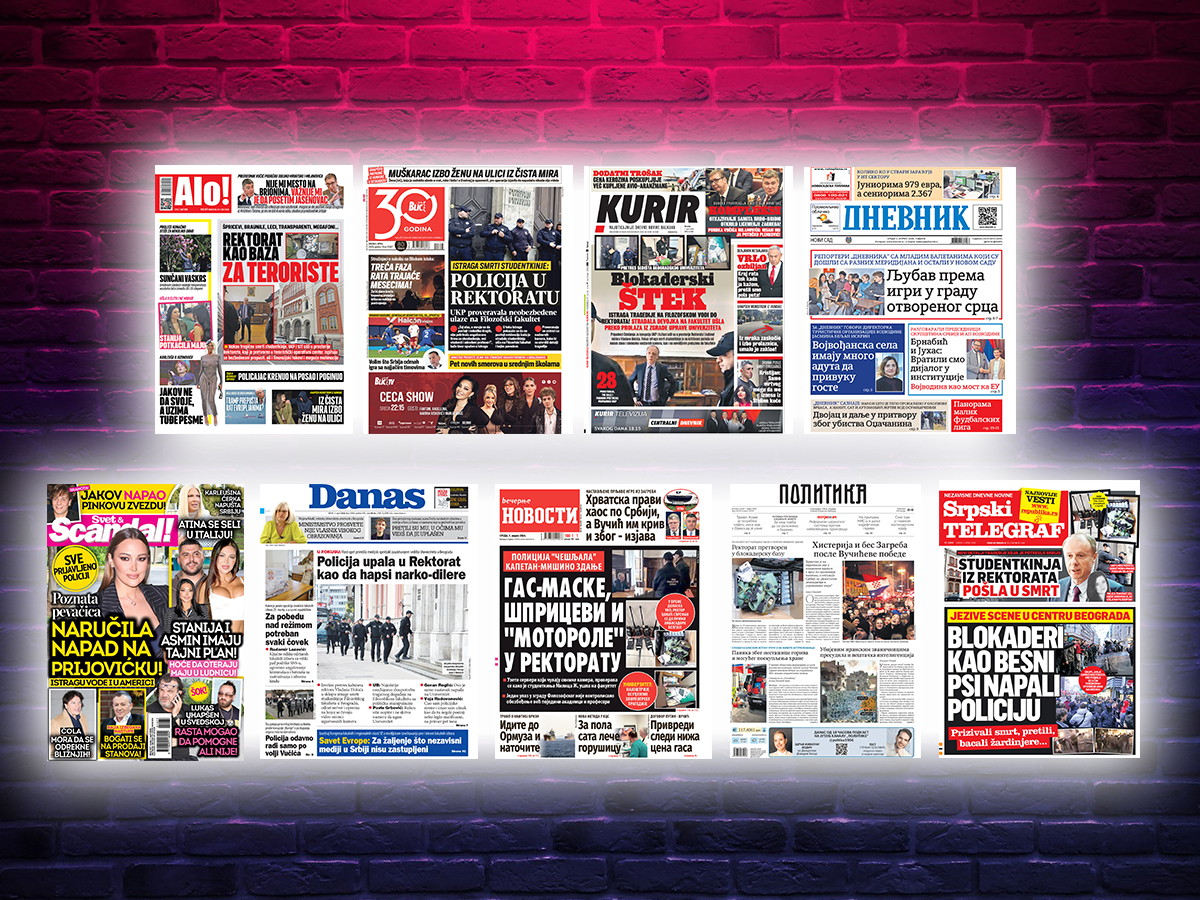 NASLOVNE STRANE SUTRAŠNJIH NOVINA: Prelistavanje štampe za SREDU, 1. april 2026. godine