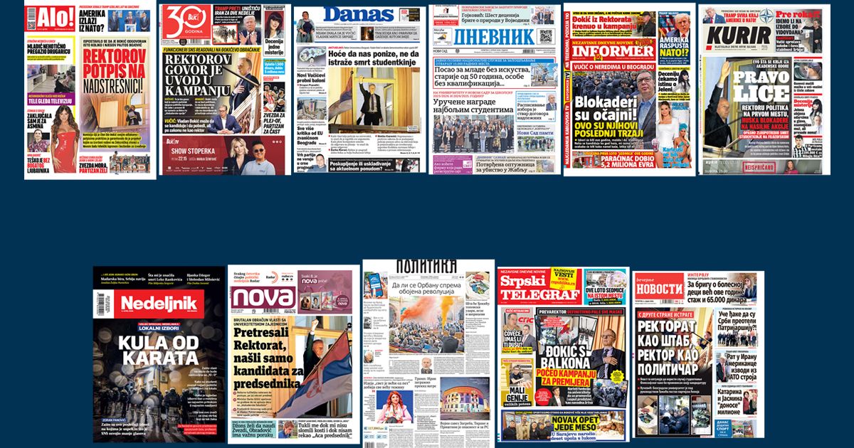 NASLOVNE STRANE SUTRAŠNJIH NOVINA: Prelistavanje štampe za četvrtak, 2. april 2026. godine