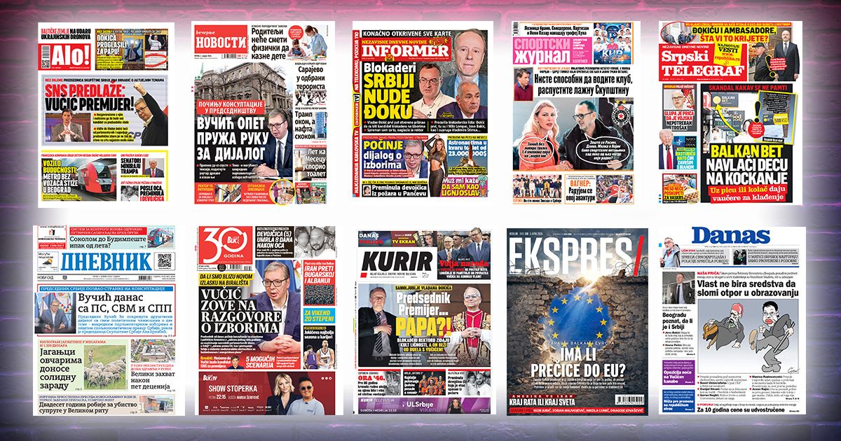 NASLOVNE STRANE SUTRAŠNJIH NOVINA: Prelistavanje štampe za petak, 3. april 2026. godine