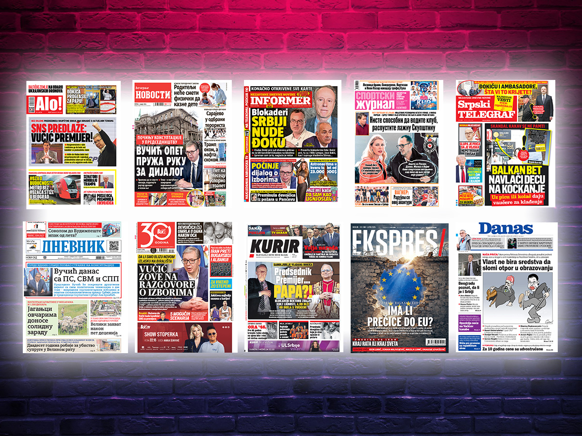 NASLOVNE STRANE SUTRAŠNJIH NOVINA: Prelistavanje štampe za petak, 3. april 2026. godine