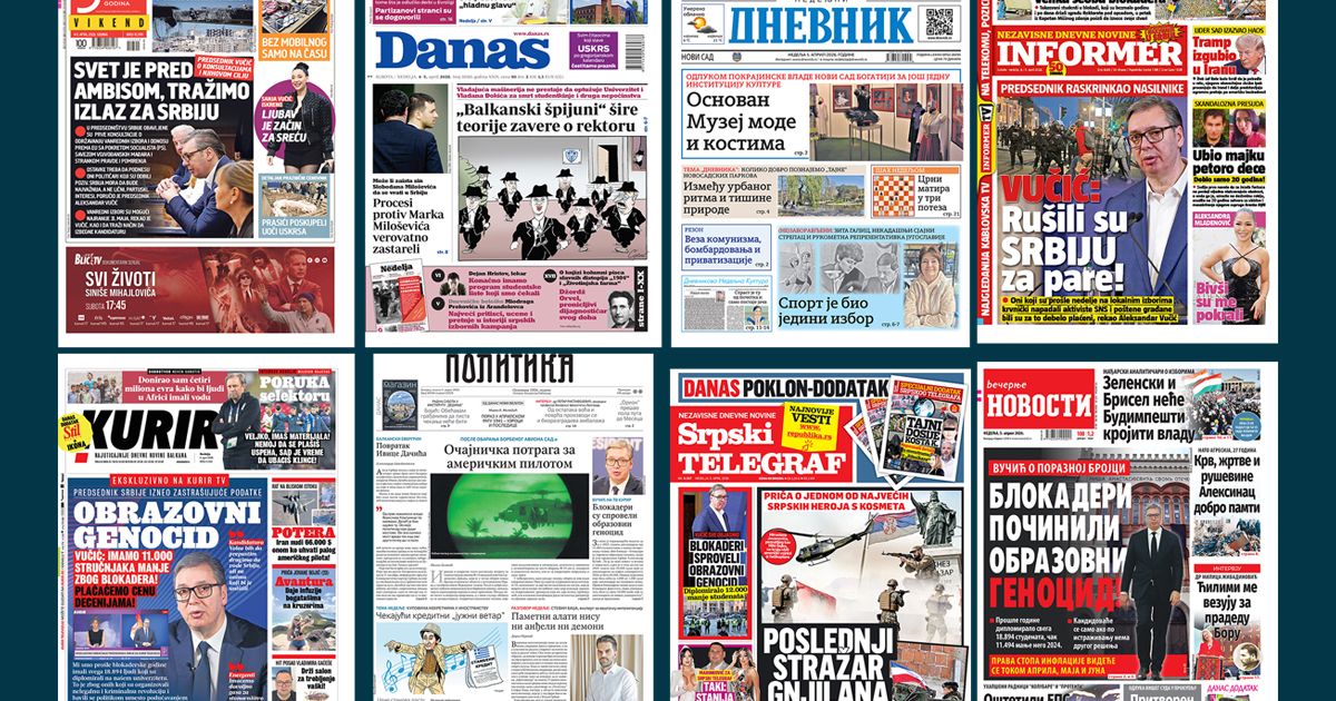 NASLOVNE STRANE SUTRAŠNJIH NOVINA: Prelistavanje štampe za nedelju, 5. april 2026. godine