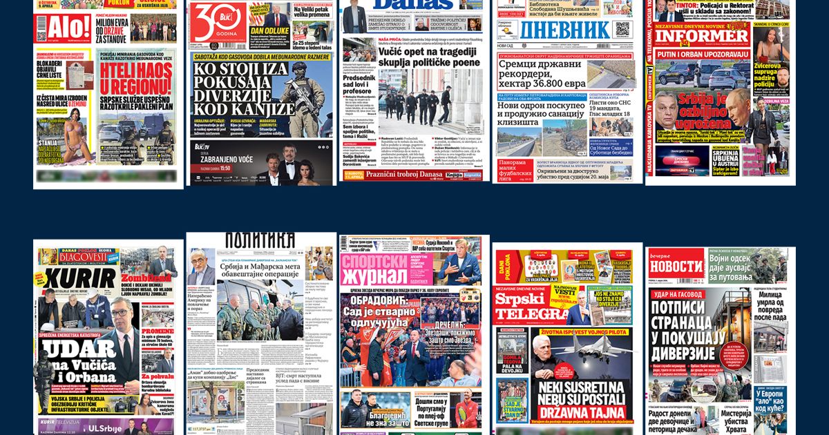 NASLOVNE STRANE SUTRAŠNJIH NOVINA: Prelistavanje štampe za utorak, 7. april 2026. godine