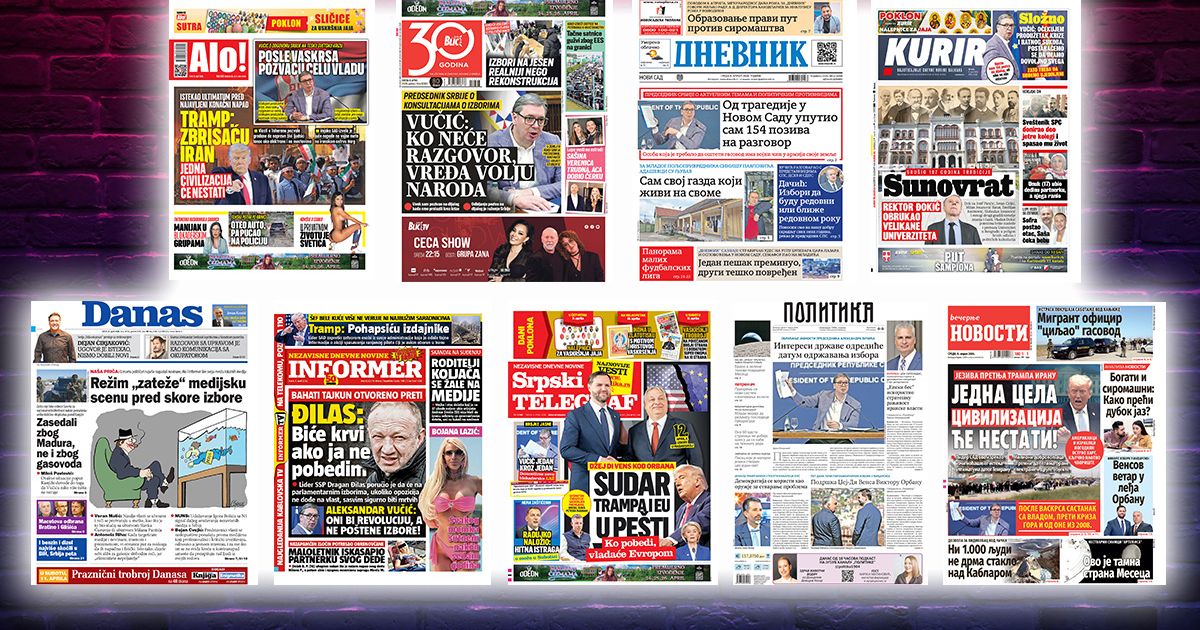 NASLOVNE STRANE SUTRAŠNJIH NOVINA: Prelistavanje štampe za sredu, 8. april 2026. godine