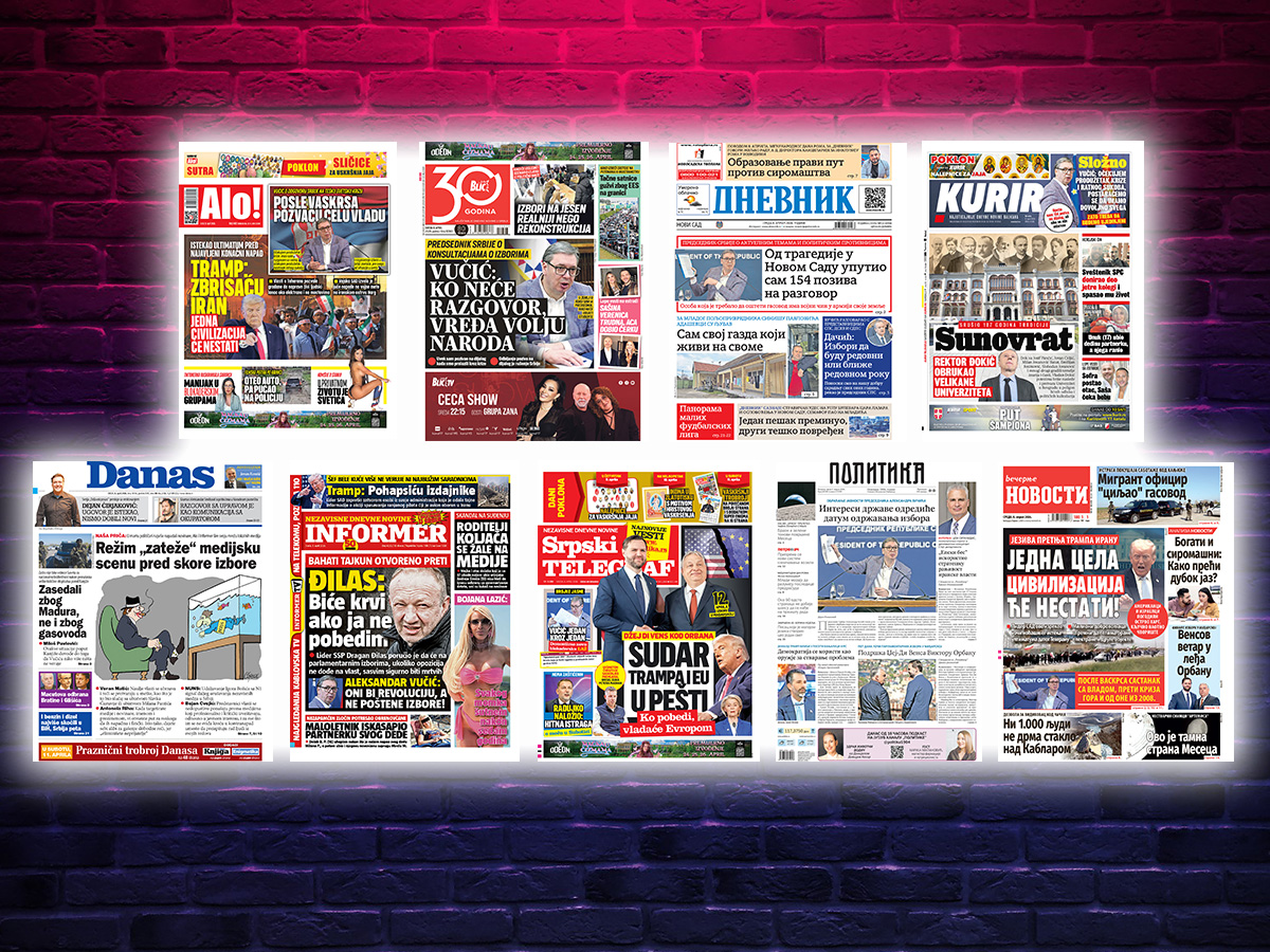 NASLOVNE STRANE SUTRAŠNJIH NOVINA: Prelistavanje štampe za sredu, 8. april 2026. godine