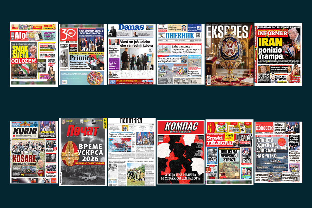 NASLOVNE STRANE SUTRAŠNJIH NOVINA: Prelistavanje štampe za četvrtak, 9. april 2026. godine