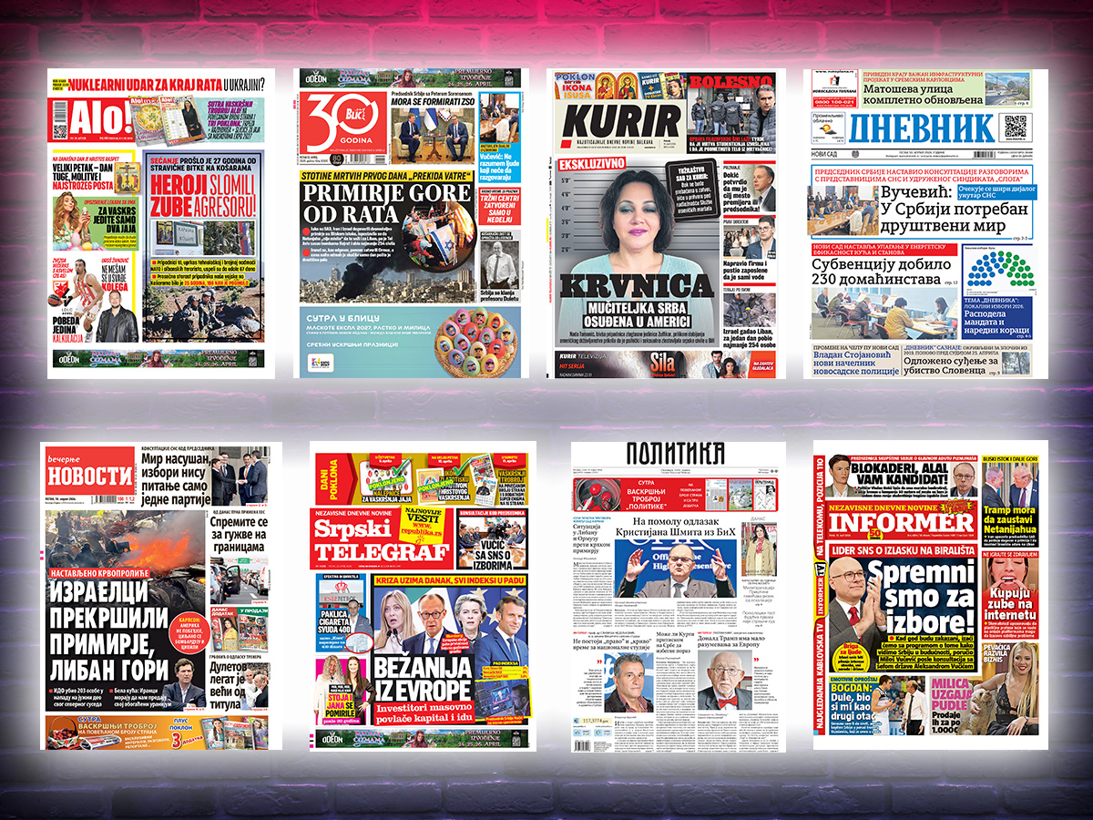 NASLOVNE STRANE SUTRAŠNJIH NOVINA: Prelistavanje štampe za petak, 10. april 2026. godine