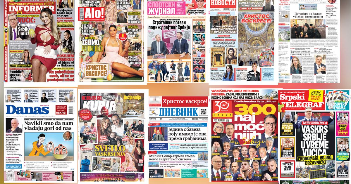 NASLOVNE STRANE PRAZNIČNIH NOVINA: Prelistavanje štampe za ponedeljak, 13. april 2026. godine