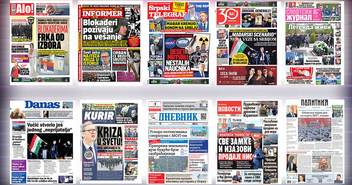 NASLOVNE STRANE SUTRAŠNJIH NOVINA: Prelistavanje štampe za sredu, 15. april 2026. godine