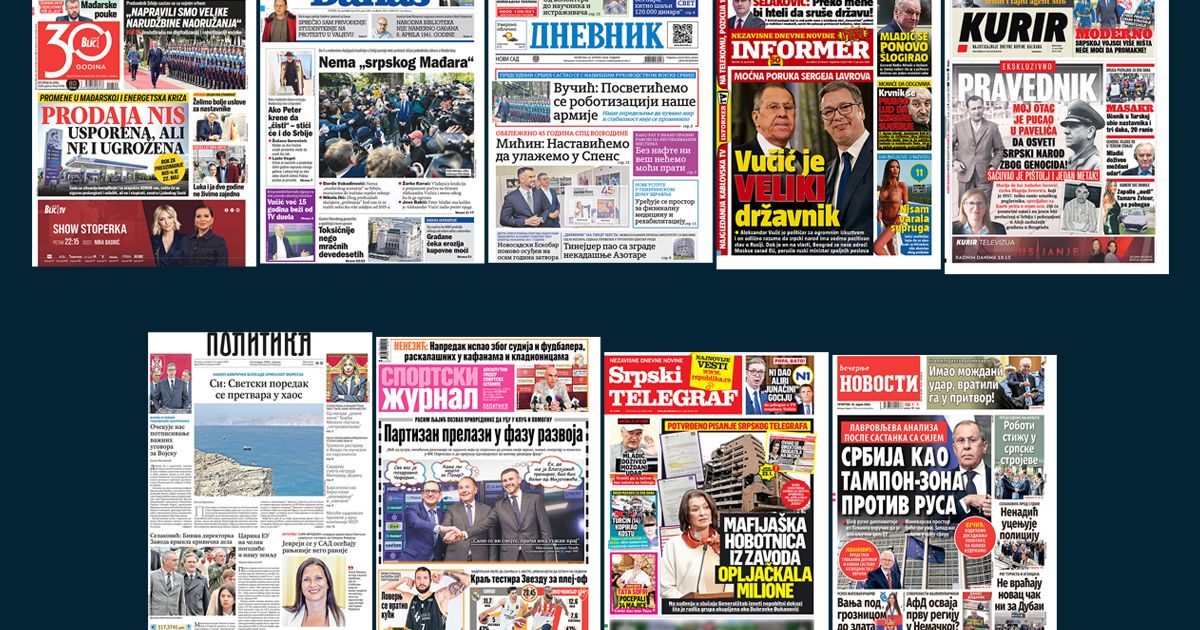 NASLOVNE STRANE SUTRAŠNJIH NOVINA: Prelistavanje štampe za četvrtak, 16. april 2026. godine