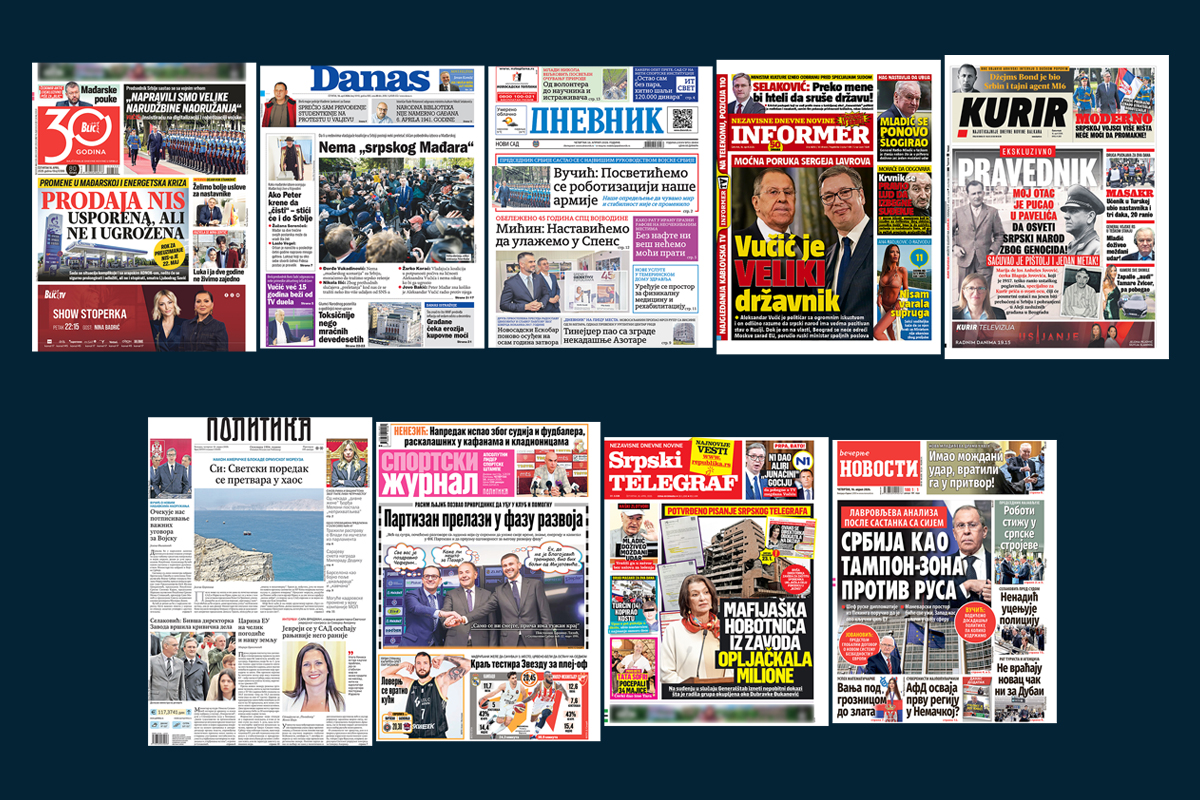 NASLOVNE STRANE SUTRAŠNJIH NOVINA: Prelistavanje štampe za četvrtak, 16. april 2026. godine