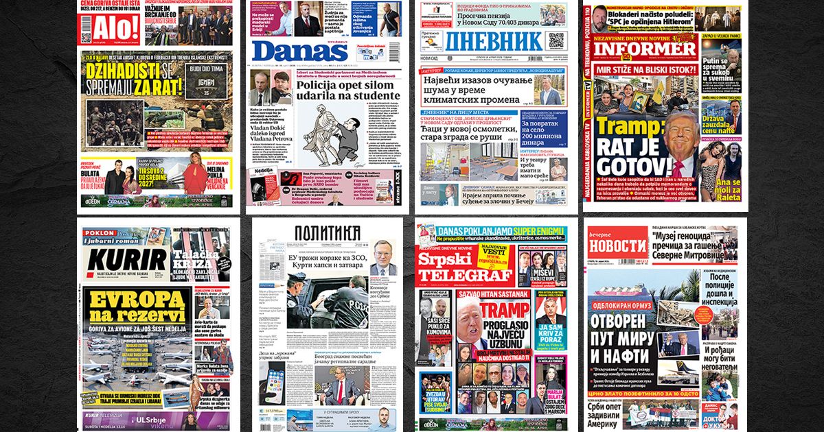 NASLOVNE STRANE SUTRAŠNJIH NOVINA: Prelistavanje štampe za subotu, 18. april 2026. godine
