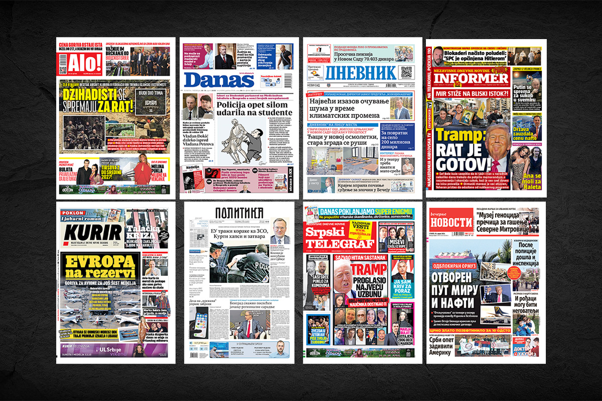 NASLOVNE STRANE SUTRAŠNJIH NOVINA: Prelistavanje štampe za subotu, 18. april 2026. godine