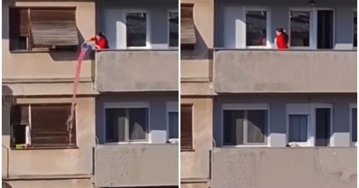 Šokantan snimak iz Trstenika: Komšije snimile ženu koja prosipa tečnost sa terase, kažu da je rasol od kupusa