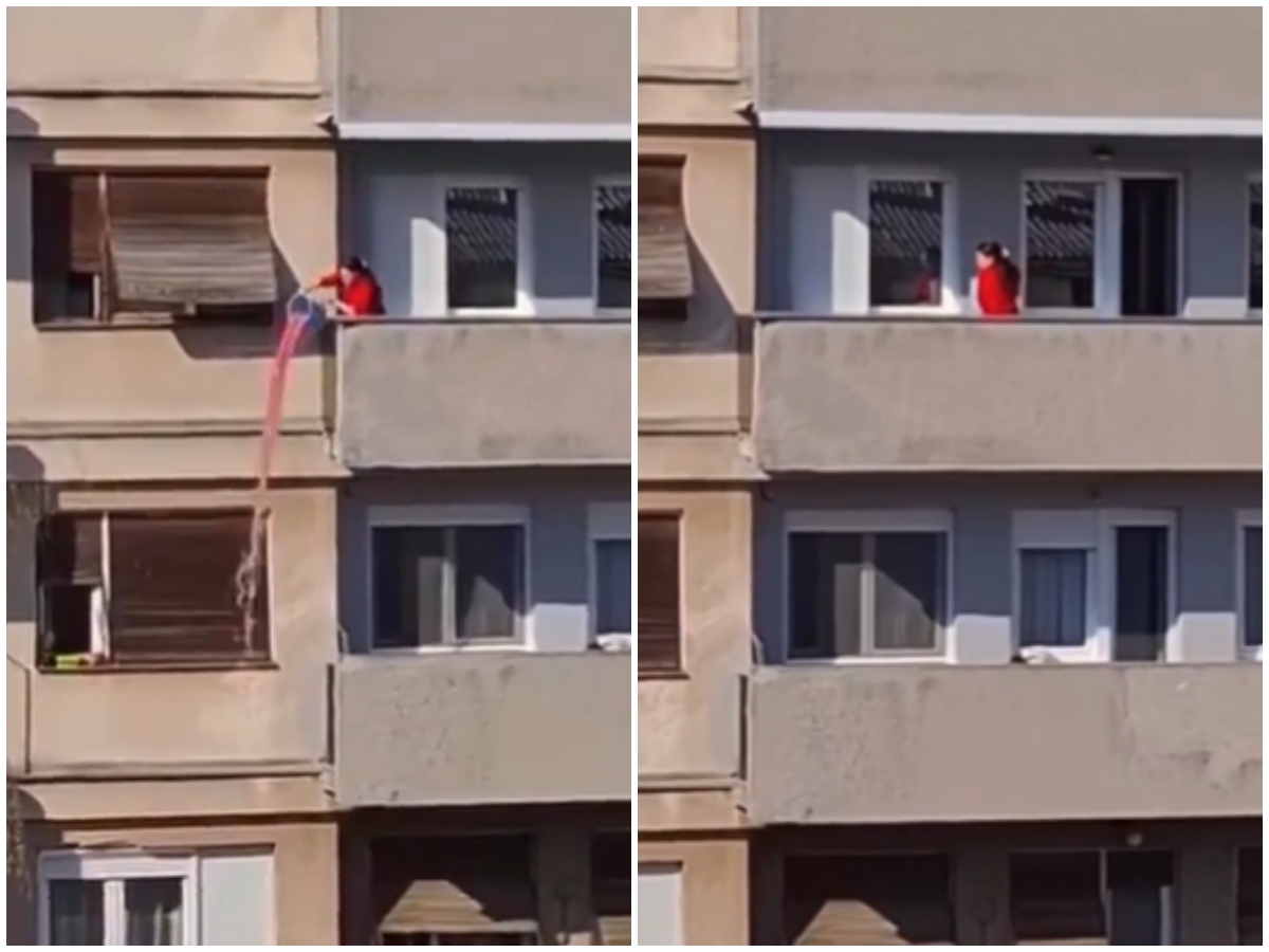 Šokantan snimak iz Trstenika: Komšije snimile ženu koja prosipa tečnost sa terase, kažu da je rasol od kupusa