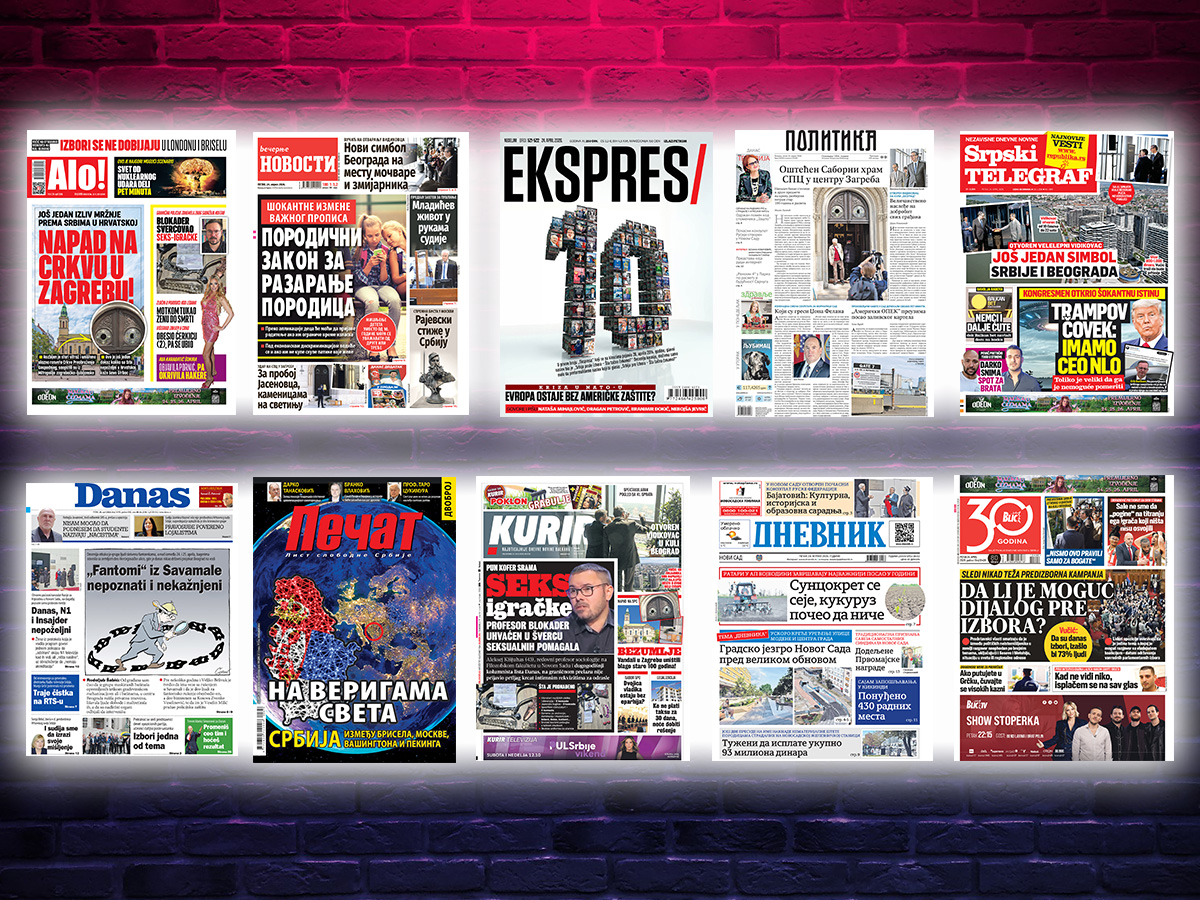 NASLOVNE STRANE SUTRAŠNJIH NOVINA: Prelistavanje štampe za petak, 24. april 2026. godine