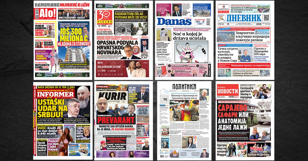 NASLOVNE STRANE SUTRAŠNJIH NOVINA: Prelistavanje štampe za subotu, 25. april 2026. godine