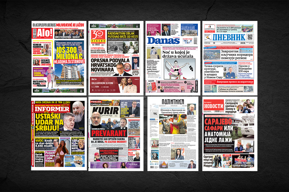 NASLOVNE STRANE SUTRAŠNJIH NOVINA: Prelistavanje štampe za subotu, 25. april 2026. godine