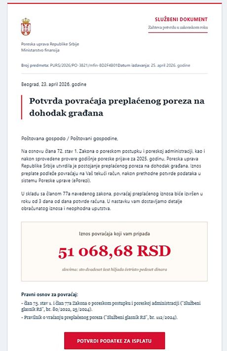 Obaveštenje o poreskom povraćaju za 2025. godinu, prevara