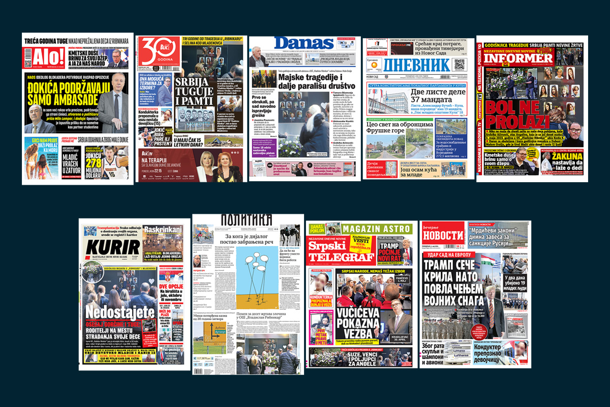 NASLOVNE STRANE SUTRAŠNJIH NOVINA: Prelistavanje štampe za ponedeljak, 4. maj 2026. godine