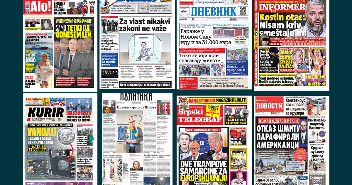 NASLOVNE STRANE SUTRAŠNJIH NOVINA: Prelistavanje štampe za utorak, 12. maj 2026. godine