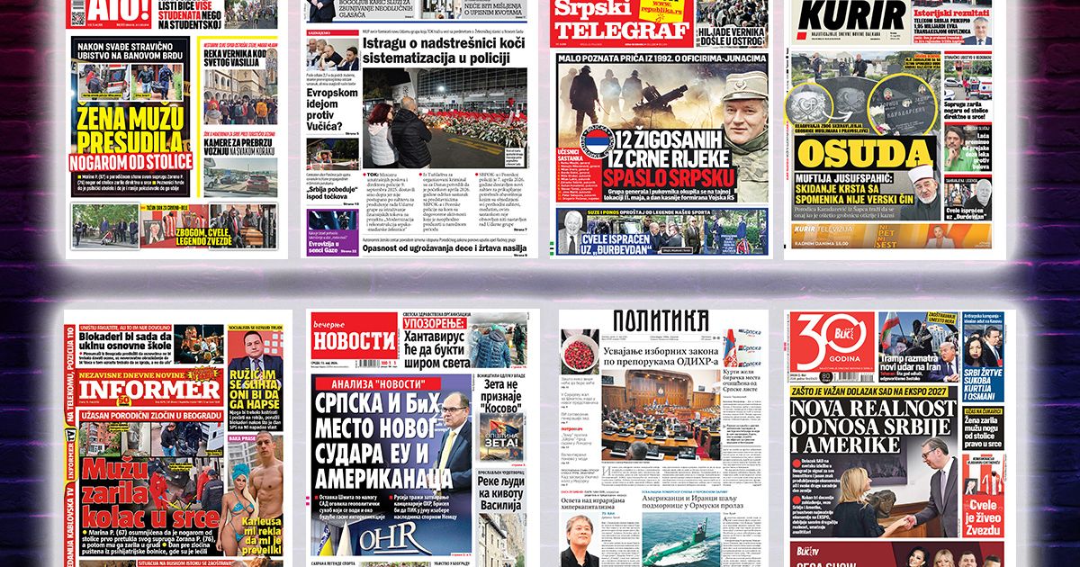 NASLOVNE STRANE SUTRAŠNJIH NOVINA: Prelistavanje štampe za sredu, 13. maj 2026. godine