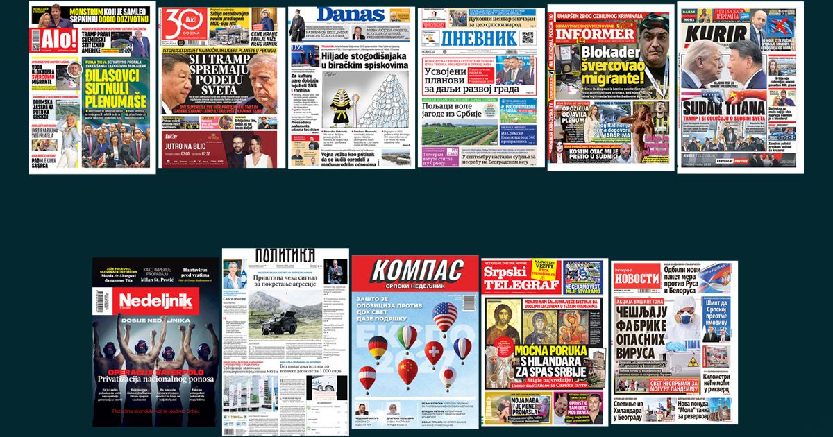 NASLOVNE STRANE SUTRAŠNJIH NOVINA: Prelistavanje štampe za četvrtak, 14. maj 2026. godine
