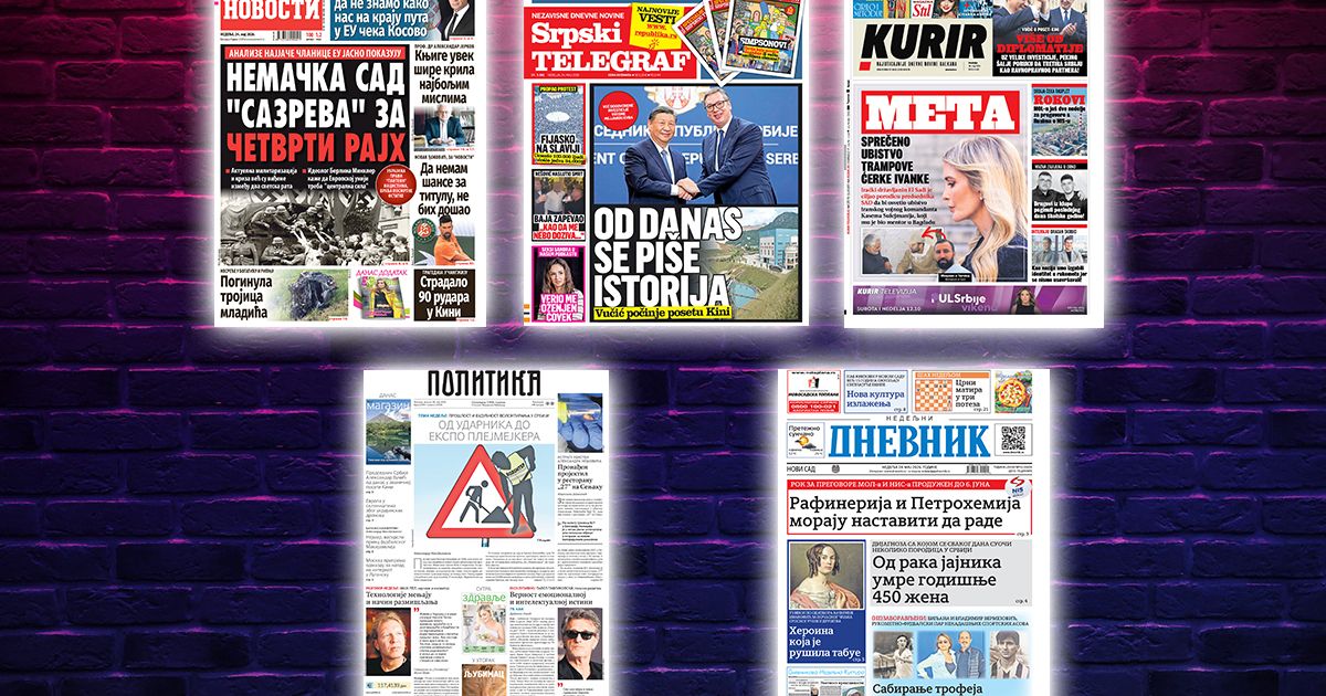 NASLOVNE STRANE SUTRAŠNJIH NOVINA: Prelistavanje štampe za nedelju, 24. maj 2026. godine