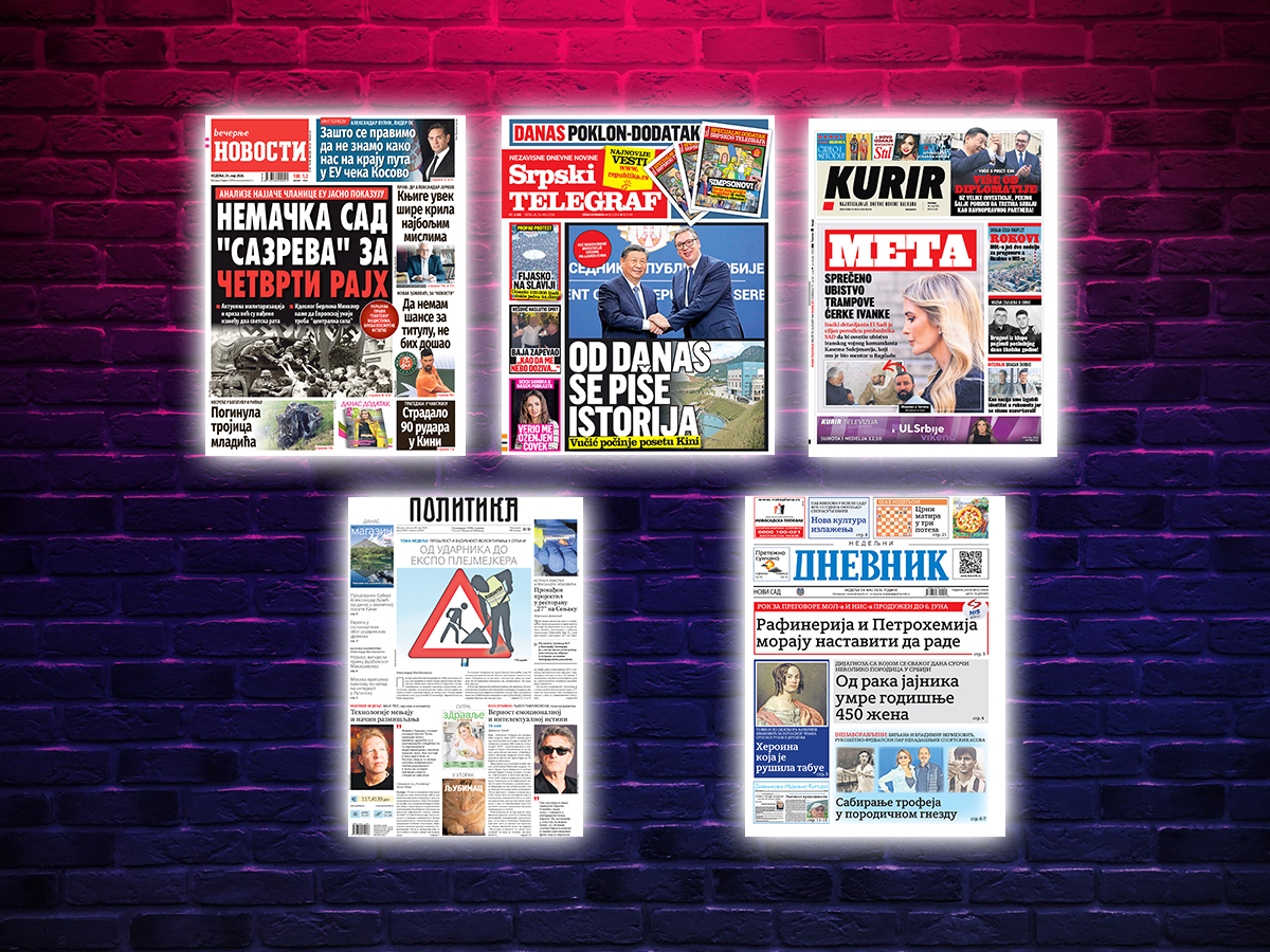NASLOVNE STRANE SUTRAŠNJIH NOVINA: Prelistavanje štampe za nedelju, 24. maj 2026. godine