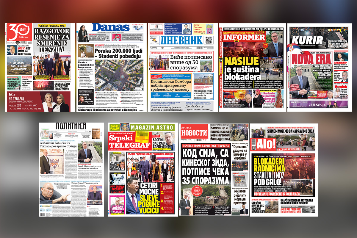 NASLOVNE STRANE SUTRAŠNJIH NOVINA: Prelistavanje štampe za ponedeljak, 25. maj 2026. godine