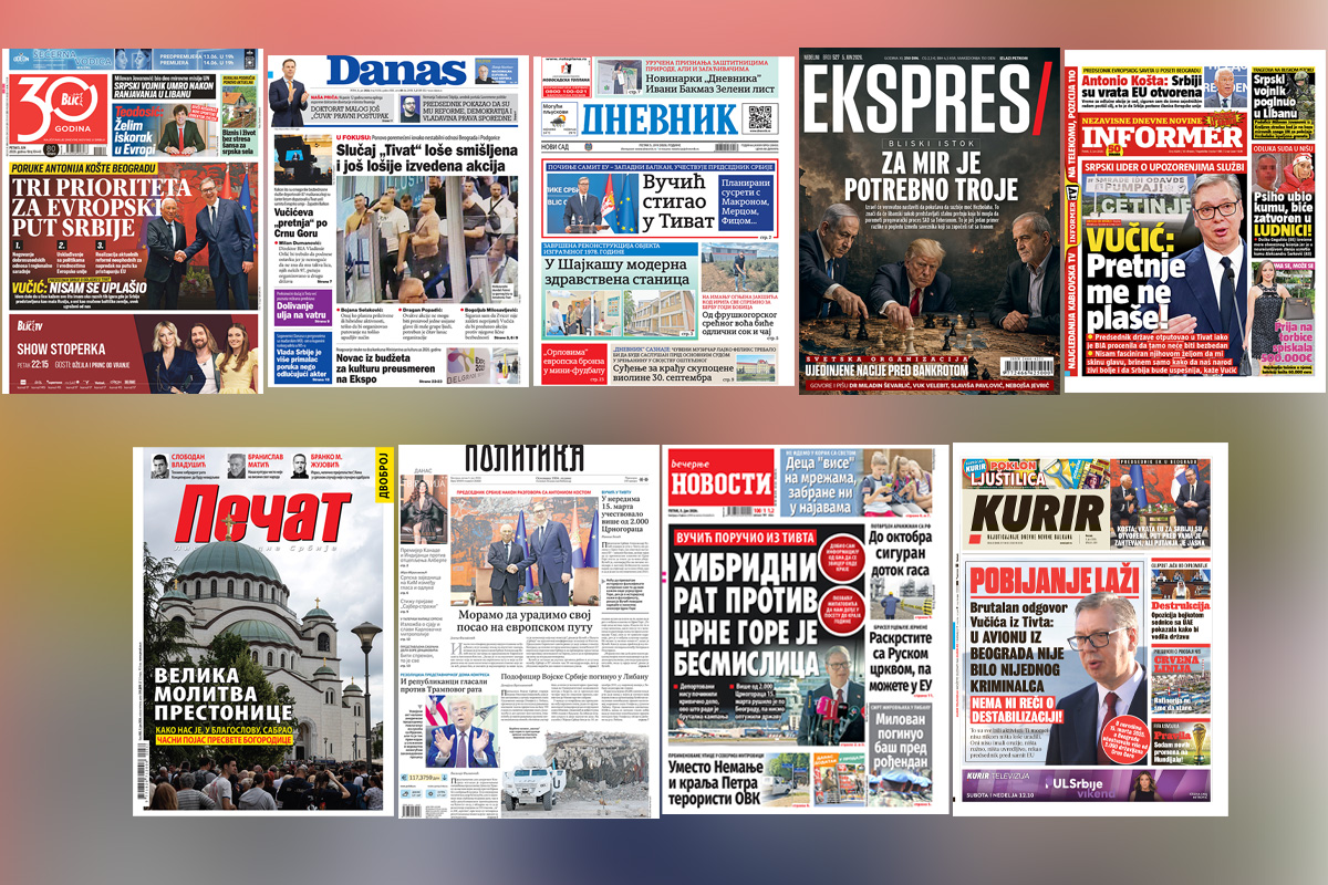 NASLOVNE STRANE SUTRAŠNJIH NOVINA: Prelistavanje štampe za petak, 5. jun 2026. godine