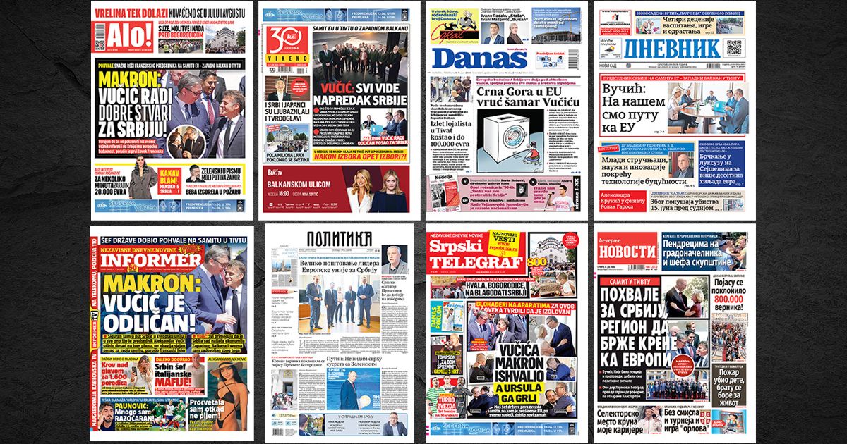 NASLOVNE STRANE SUTRAŠNJIH NOVINA: Prelistavanje štampe za subotu, 6. jun 2026. godine