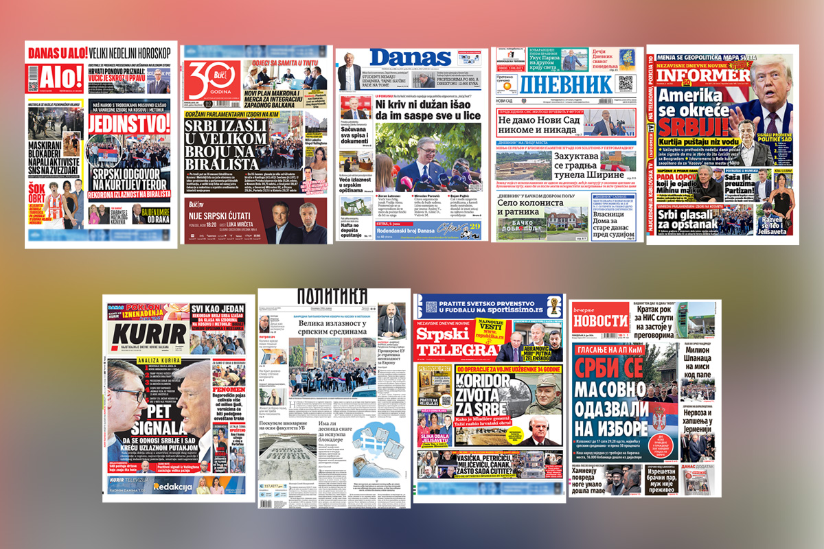 NASLOVNE STRANE SUTRAŠNJIH NOVINA: Prelistavanje štampe za ponedeljak, 8. jun 2026. godine
