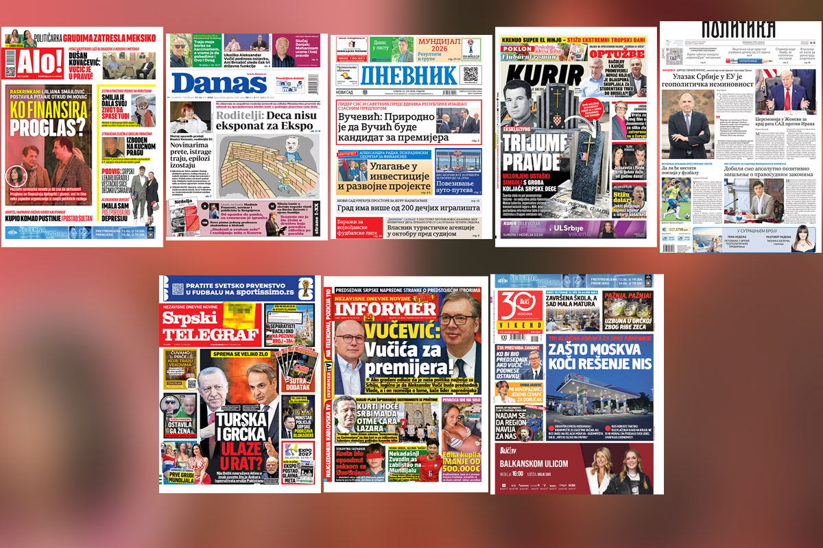 NASLOVNE STRANE SUTRAŠNJIH NOVINA: Prelistavanje štampe za subotu, 13. jun 2026. godine