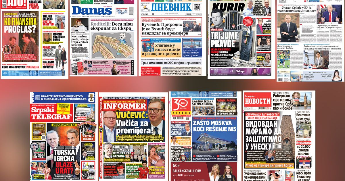 NASLOVNE STRANE DANAŠNJIH NOVINA: Prelistavanje štampe za subotu, 13. jun 2026. godine