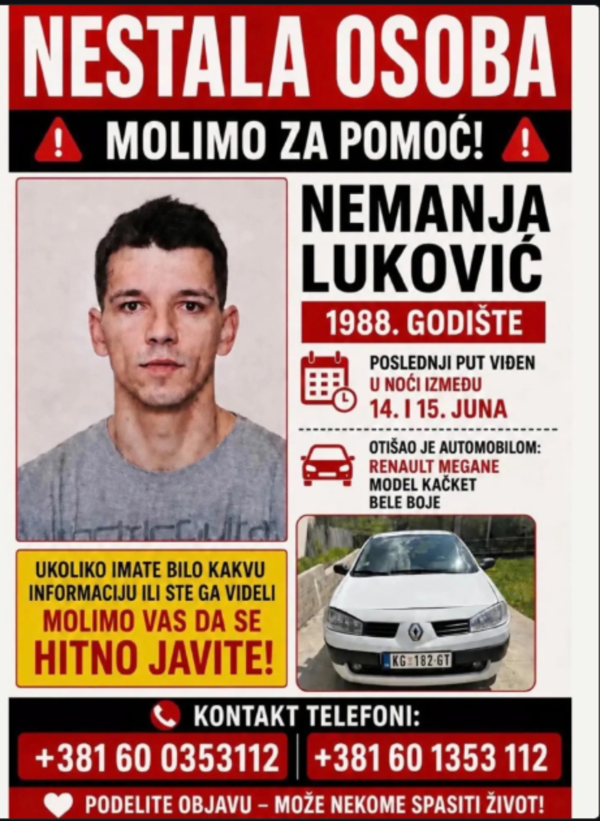 Nestao Nemanja Luković (38) iz Kragujevca: Ako vidite OVAJ auto, odmah zovite policiju