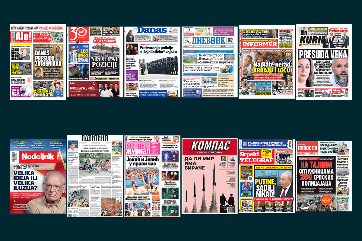 NASLOVNE STRANE SUTRAŠNJIH NOVINA: Prelistavanje štampe za četvrtak, 18. jun 2026. godine
