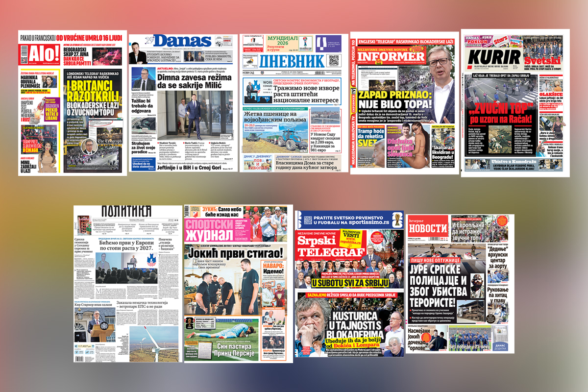 NASLOVNE STRANE SUTRAŠNJIH NOVINA: Prelistavanje štampe za utorak, 23. jun 2026. godine