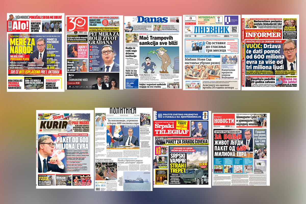NASLOVNE STRANE SUTRAŠNJIH NOVINA: Prelistavanje štampe za utorak, 30. jun 2026. godine
