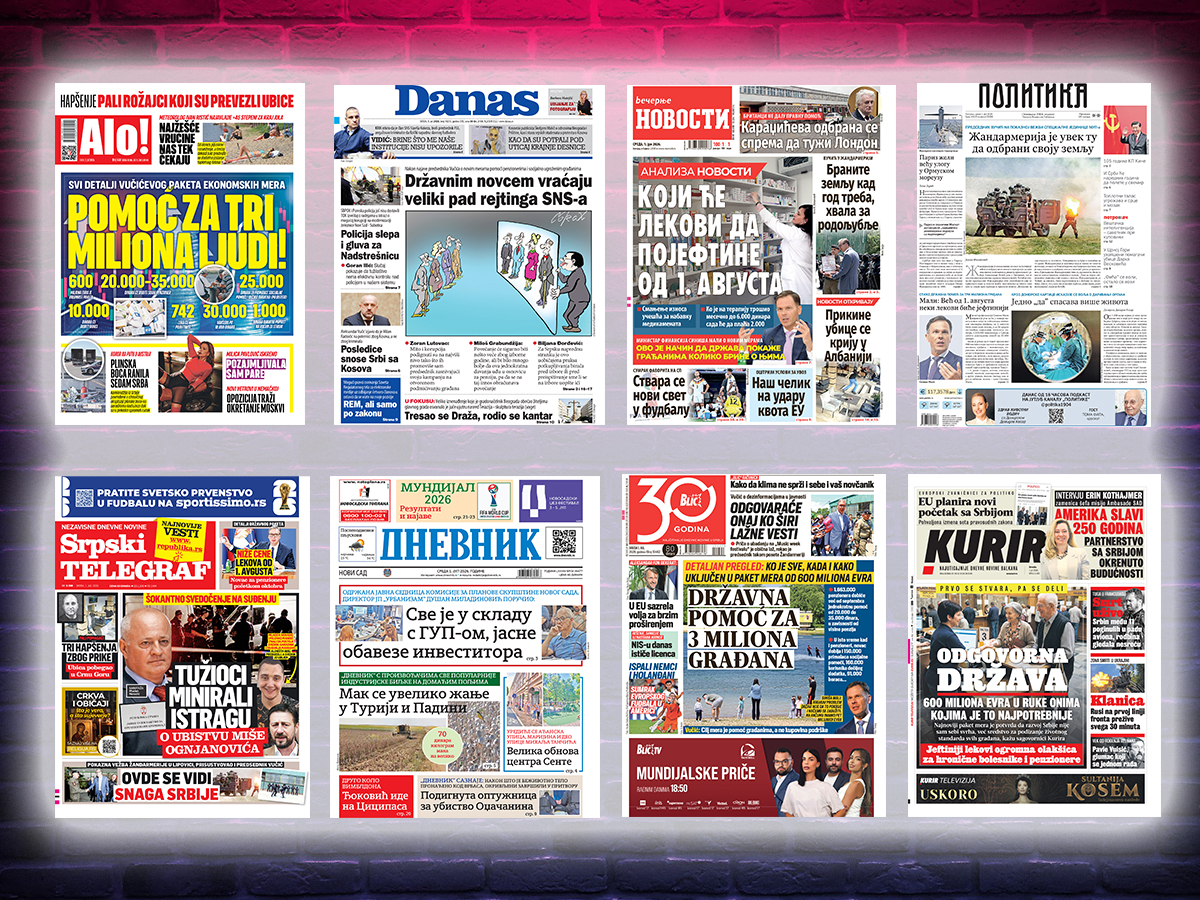 NASLOVNE STRANE SUTRAŠNJIH NOVINA: Prelistavanje štampe za sredu, 1. jul 2026. godine