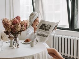 žena, novine, peškir, jutro, devojka, doručak