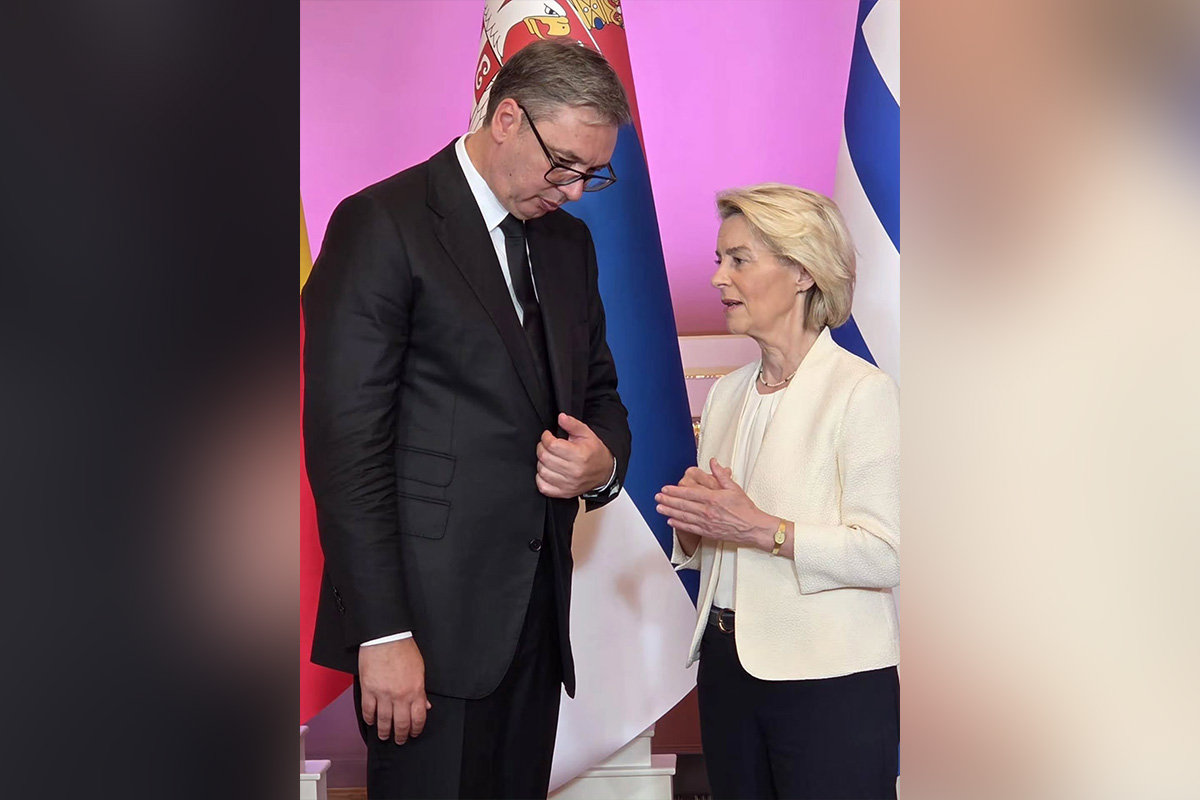 President Aleksandar Vucic speaks with President of European Commission Ursula von der Leyen