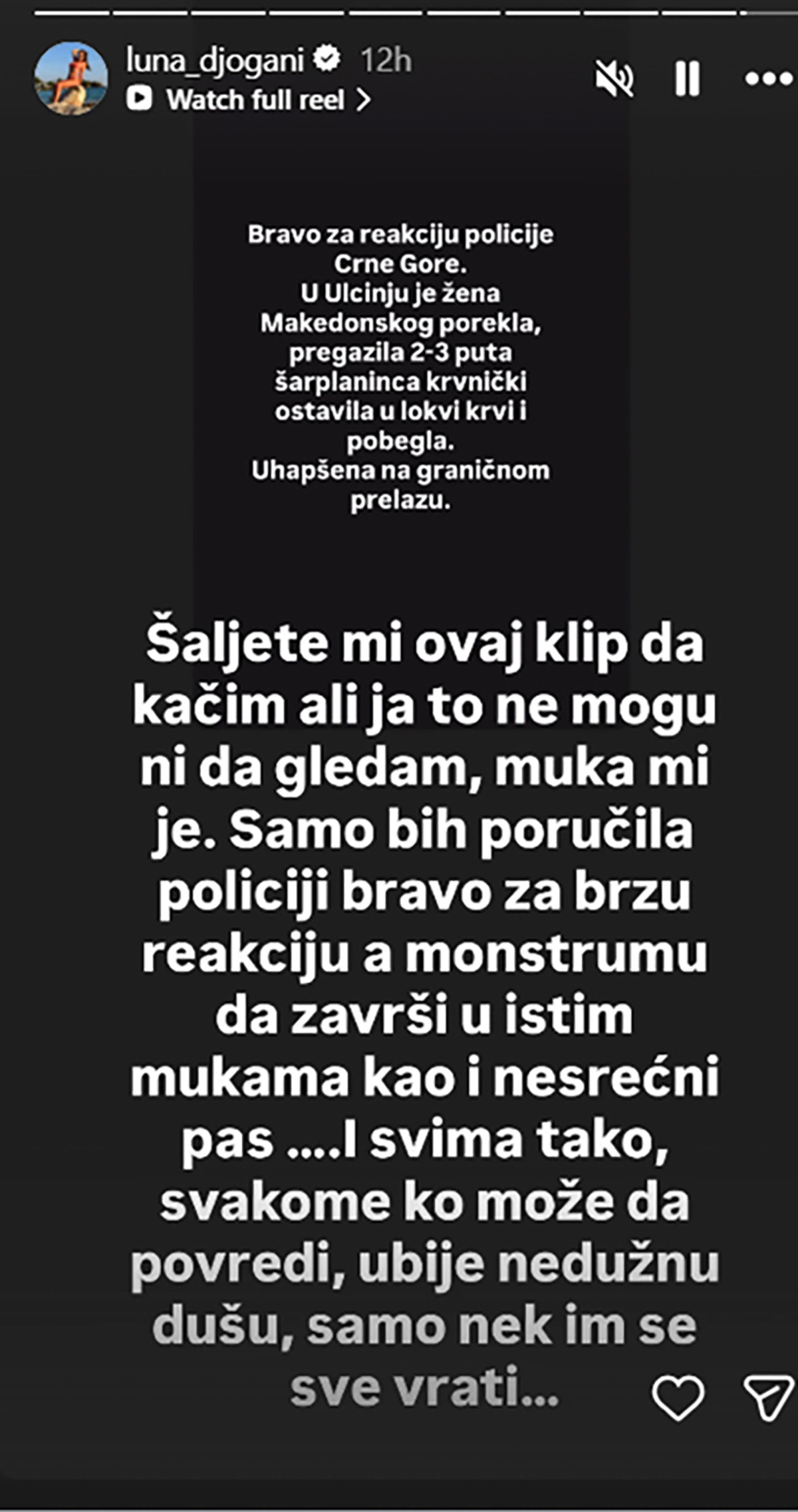 "Monstrum da završi u istim mukama!" Luna Đogani besna zbog žene koja je pregazila psa u Ulcinju: "Muka mi je"