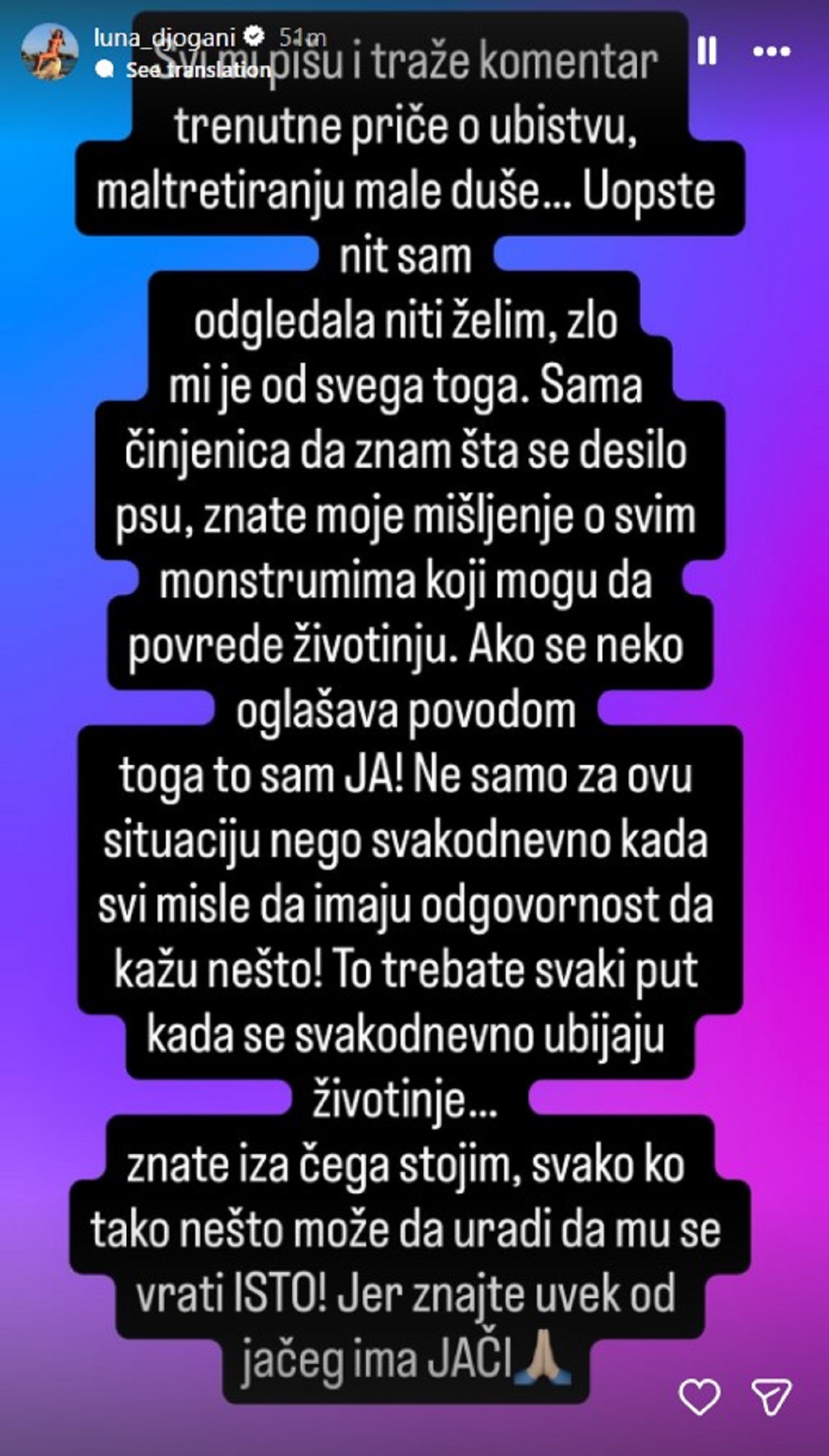 "Monstrumi mogu da povrede životinju": Luna Đogani potresena zbog smrti psa, dala sud o Kristijanu Goluboviću