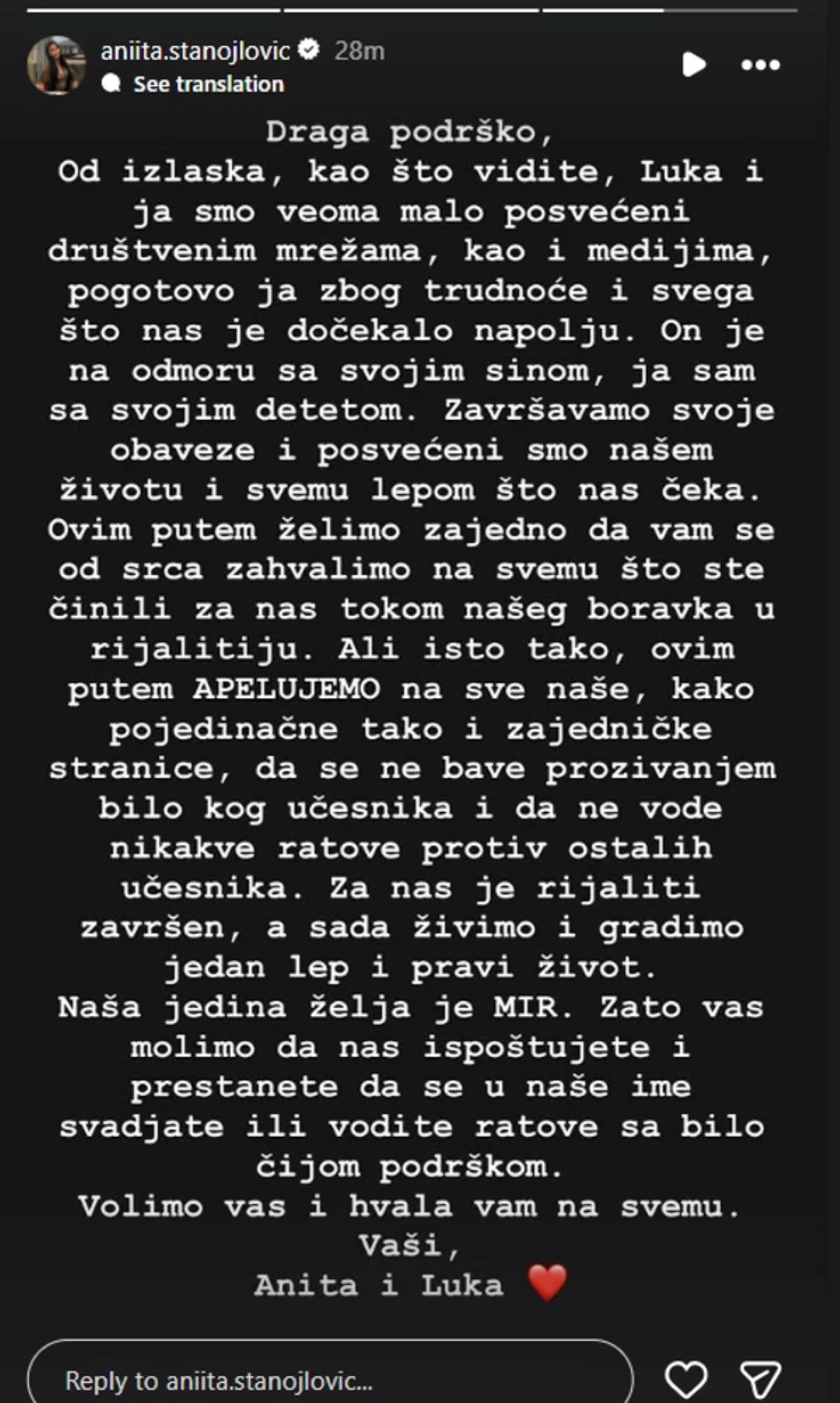 Anita se oglasila nakon što je Luka naputsio Srbiju bez nje: Otkrila kakvu su odluku doneli