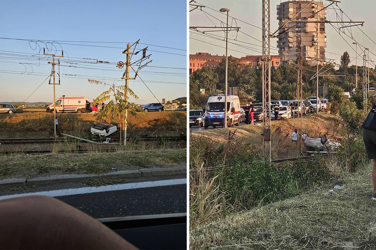 Automobil sleteo na šine, pa završio na krovu: Nesreća na Pančevačkom mostu