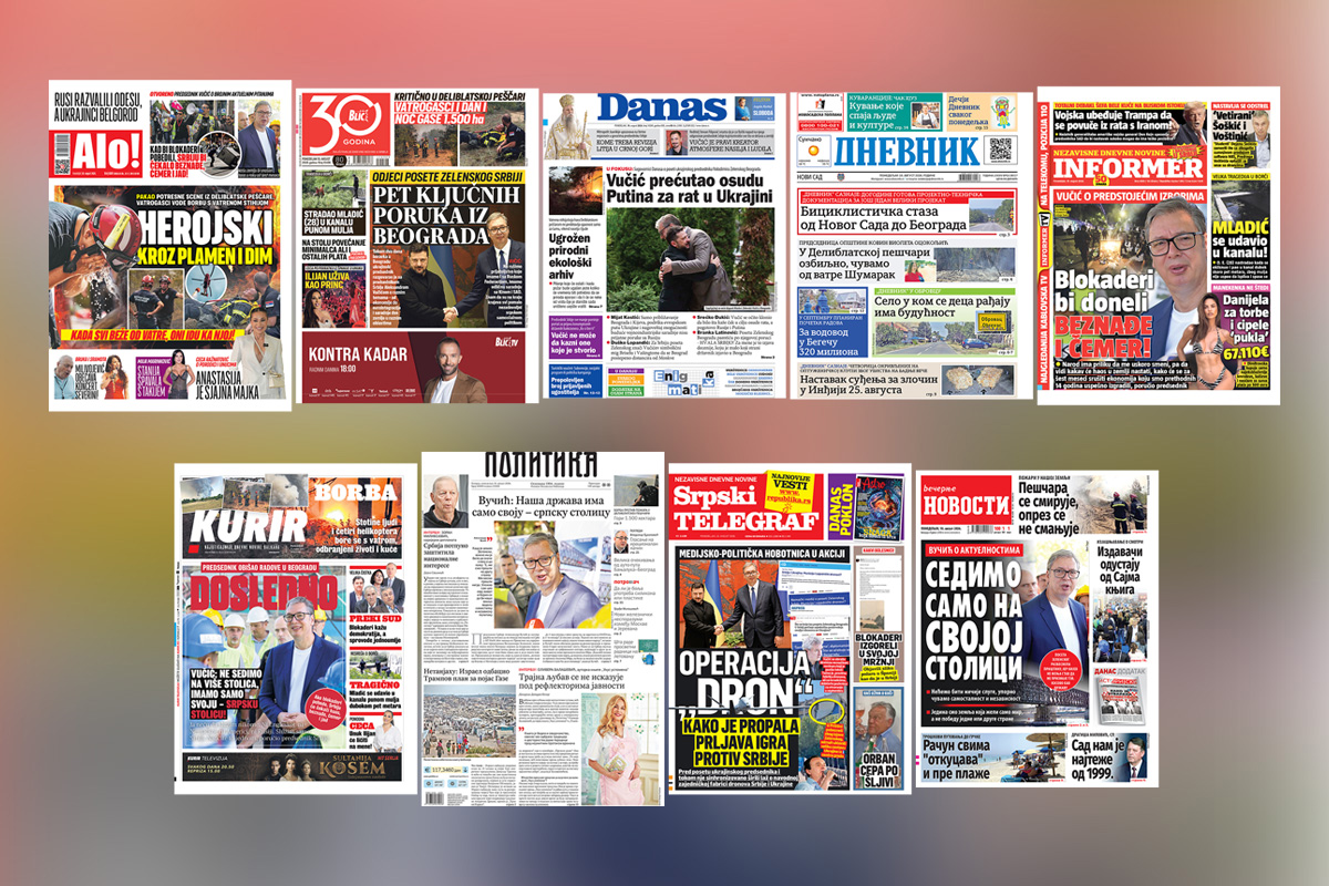NASLOVNE STRANE SUTRAŠNJIH NOVINA: Prelistavanje štampe za ponedeljak, 10. avgust 2026. godine