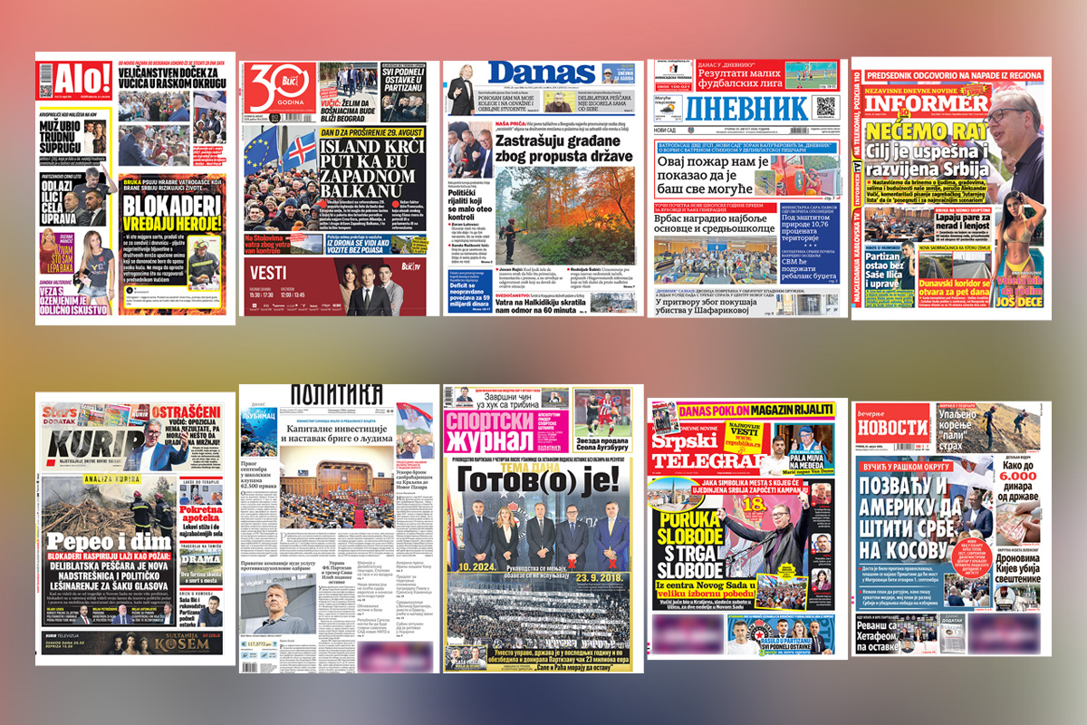 NASLOVNE STRANE SUTRAŠNJIH NOVINA: Prelistavanje štampe za utorak, 25. avgust 2026. godine